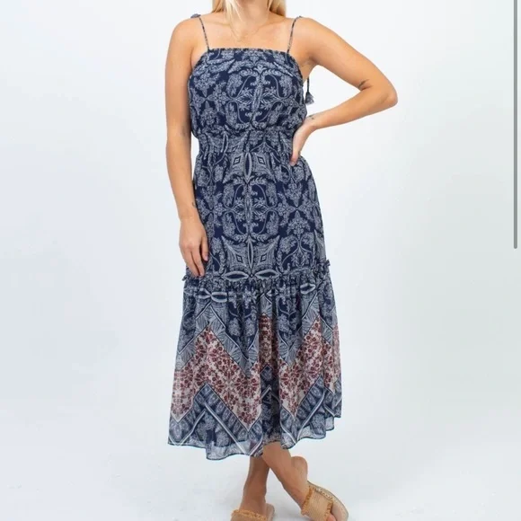 Misa Los Angeles Smocked Midi Dress Navy Multi Print Small NWT Boho Festival - Picture 1 of 5